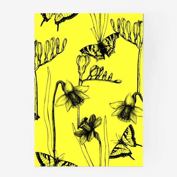 Постер «Паттерн с нарциссами и бабочками на желтом фоне»