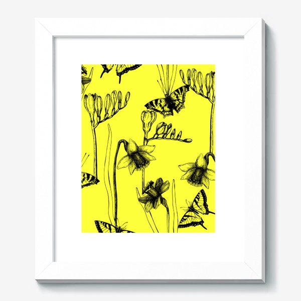 Картина «Паттерн с нарциссами и бабочками на желтом фоне»