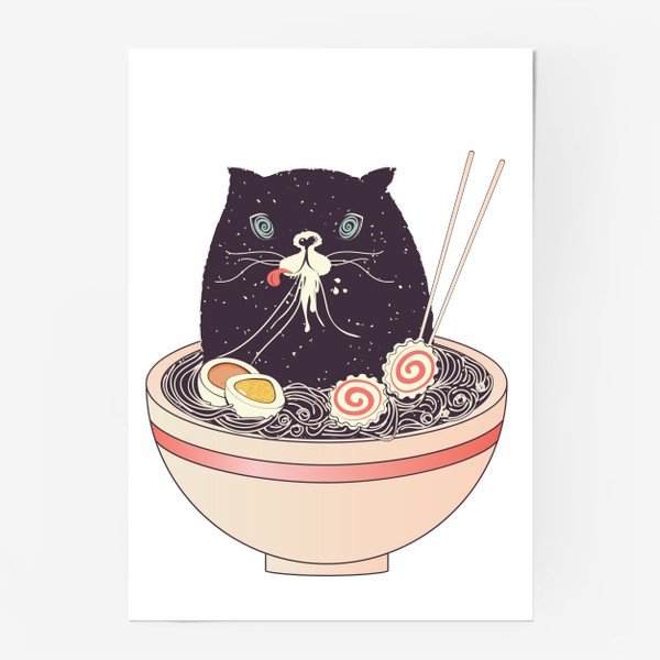 Постер «Миска рамена и черная кошка»