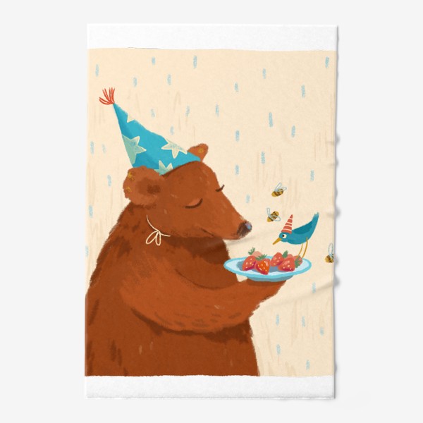 Полотенце «Медведь в колпаке кормит птицу клубникой»