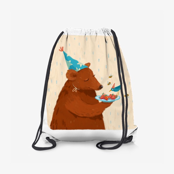 Рюкзак «Медведь в колпаке кормит птицу клубникой»