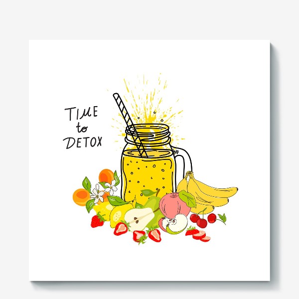 Холст «Смузи или детокс-коктейльный плакат. Набор нарисованных вручную ингредиентов для коктейля- фруктов, ягод. Здоровая еда. »