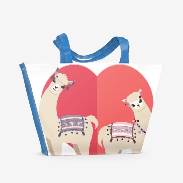 Пляжная сумка «Лама с Альпакой на фоне сердечка»