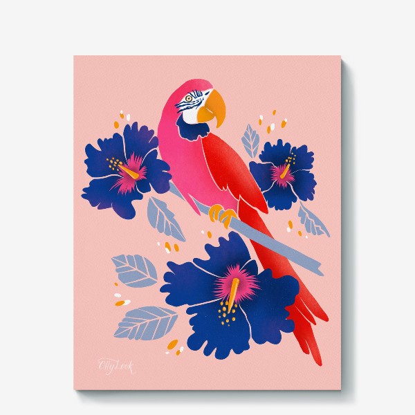 Холст «Тропический попугай на ветви гибискуса»