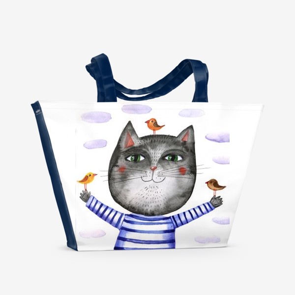 Пляжная сумка «Кот с птицами»