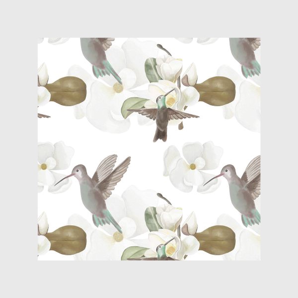Скатерть «Паттерн Белая магнолия и винтажные птицы на светлом фоне»