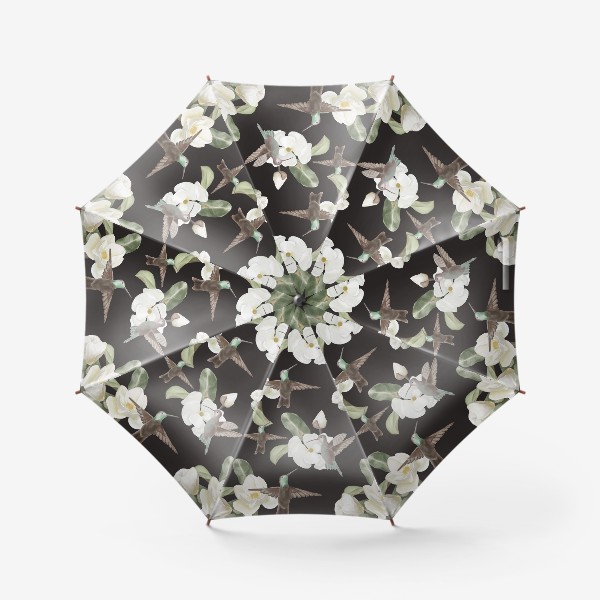 Зонт «Паттерн Белая магнолия и винтажные птицы на темном фоне»