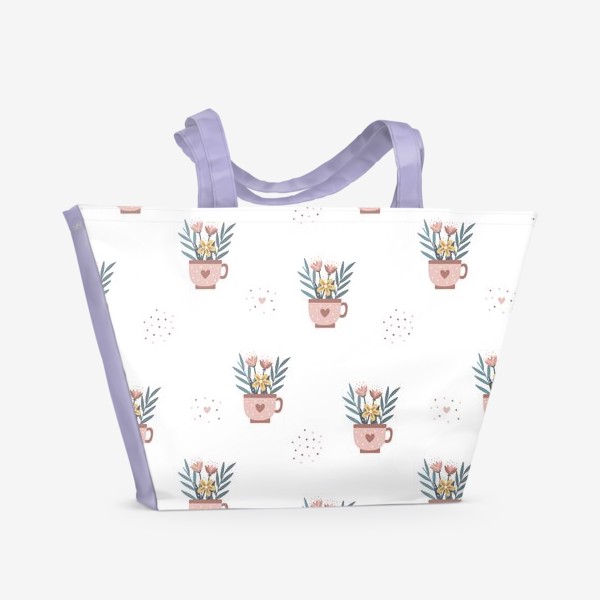 Пляжная сумка «Цветы в розовых чашках. Паттерн»