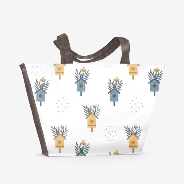 Пляжная сумка «Скворечники и цветы. Паттерн»