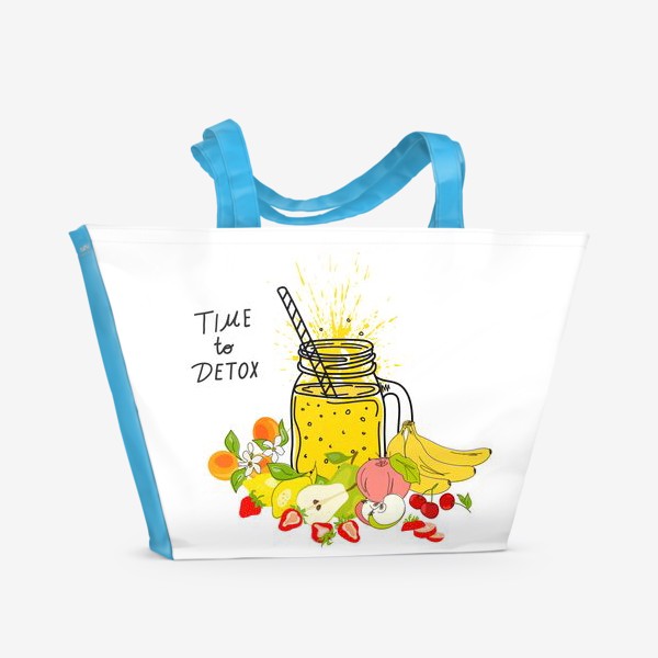 Пляжная сумка «Смузи или детокс-коктейльный плакат. Набор нарисованных вручную ингредиентов для коктейля- фруктов, ягод. Здоровая еда. »
