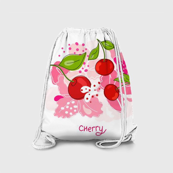 Рюкзак «Свежие вишни, красные ягоды, фрукты, зеленые листья. Задавать. Черная линия. Минимальный стиль. Почерк. »