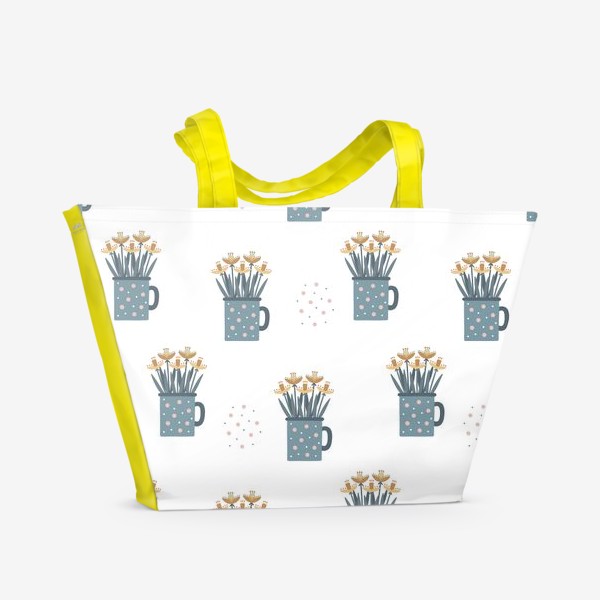 Пляжная сумка «Желтые цветы нарциссы в кружках. Паттерн»