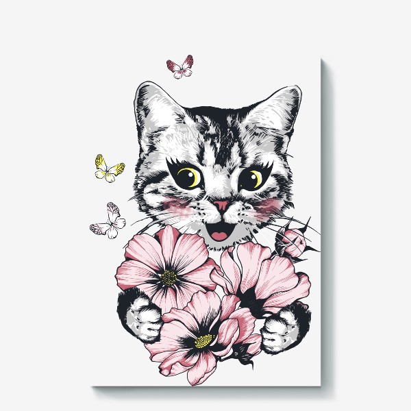 Холст «котенок с букетом цветов»