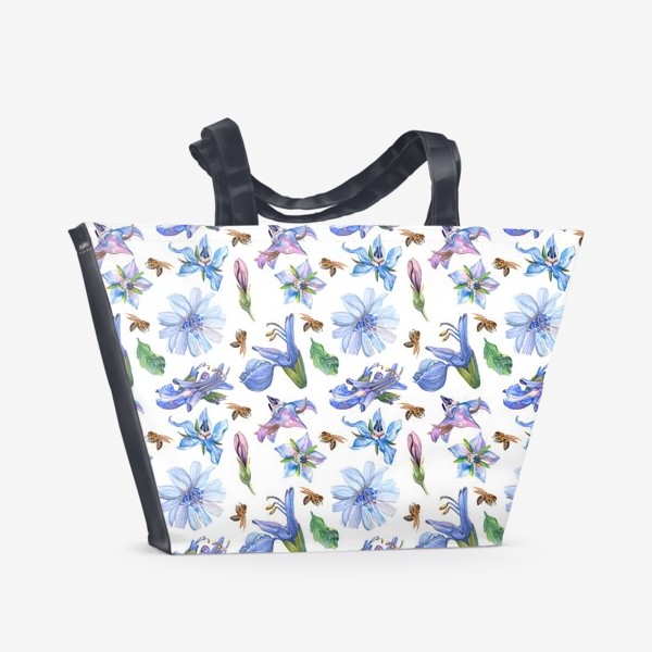 Пляжная сумка «Полевые цветы с пчелами. Луговые растения. Акварель»