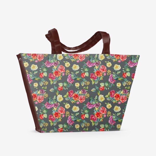 Пляжная сумка «Разноцветные акварельные розы на темном фоне»