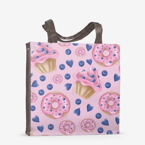 Сумка-шоппер «Вкусные розовые пончики и кексы, черника, сердечки. Розовые сладости.»