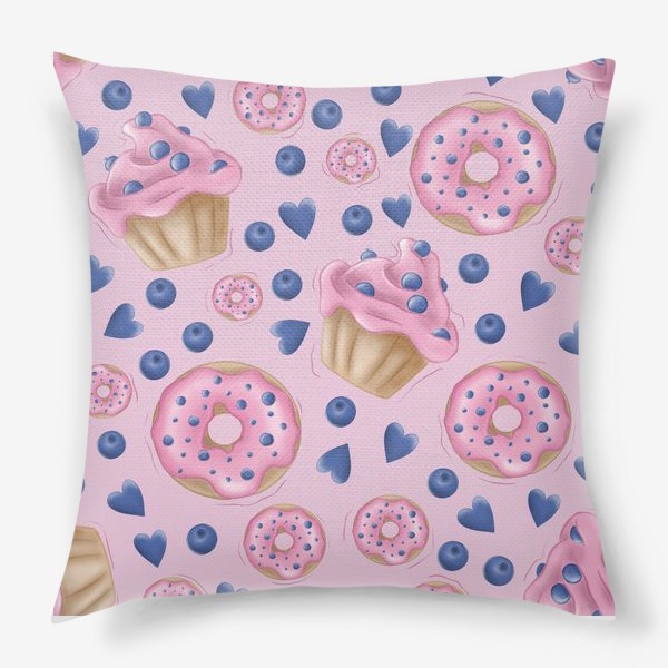 Подушка «Вкусные розовые пончики и кексы, черника, сердечки. Розовые сладости.»