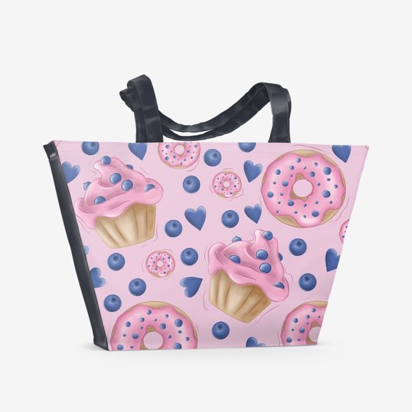 Пляжная сумка «Вкусные розовые пончики и кексы, черника, сердечки. Розовые сладости.»