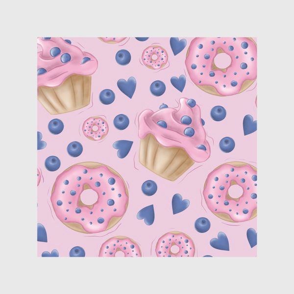 Скатерть «Вкусные розовые пончики и кексы, черника, сердечки. Розовые сладости.»