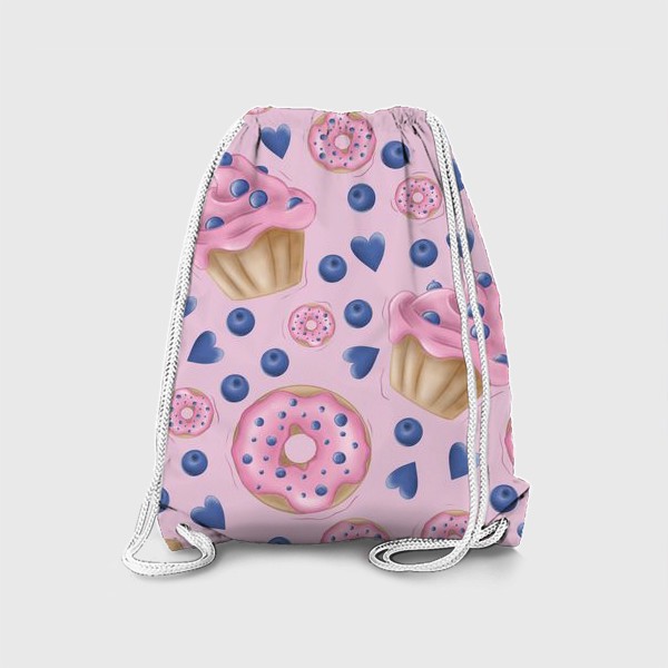 Рюкзак «Вкусные розовые пончики и кексы, черника, сердечки. Розовые сладости.»