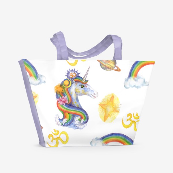 Пляжная сумка &laquo;Единорог, космос, радуга, планеты. Акварельный рисунок&raquo;