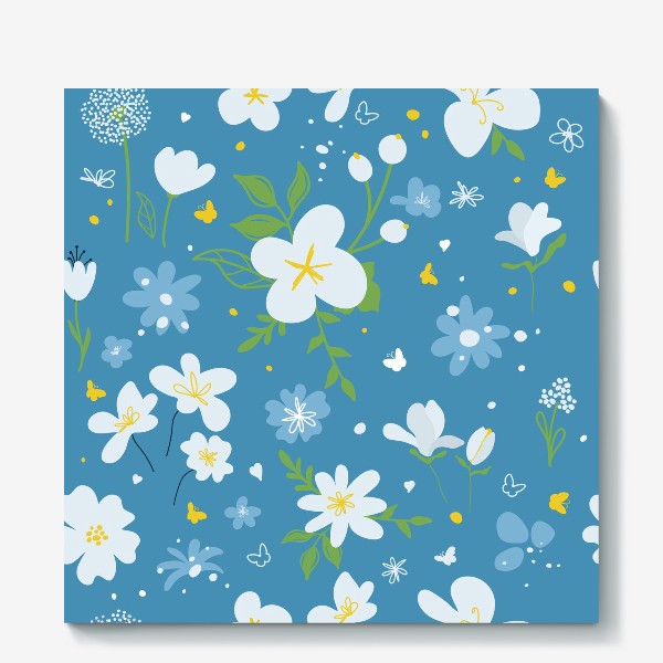 Холст «Садовый цветок, растения, бесшовный дизайн на синем фоне. Симпатичный узор в виде маленького цветочка.»