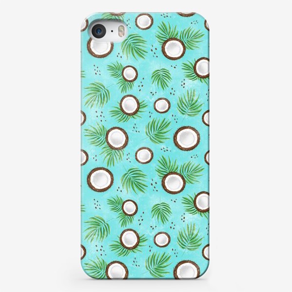 Чехол iPhone «Кокосы и пальмовые листья на голубом фоне. Летний принт для пляжа»