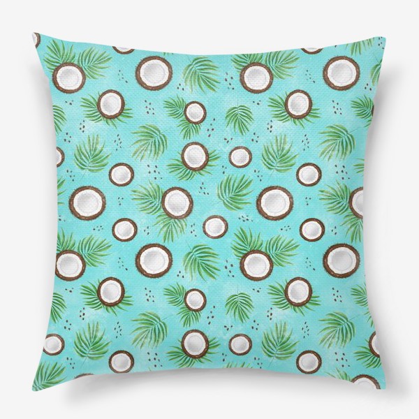 Подушка &laquo;Кокосы и пальмовые листья на голубом фоне. Летний принт для пляжа&raquo;
