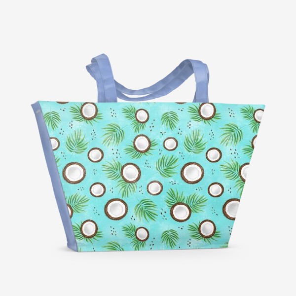 Пляжная сумка «Кокосы и пальмовые листья на голубом фоне. Летний принт для пляжа»