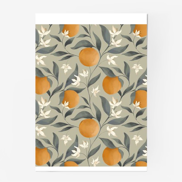 Постер «Фрукт апельсин на дереве. Цветы и листья. Паттерн»