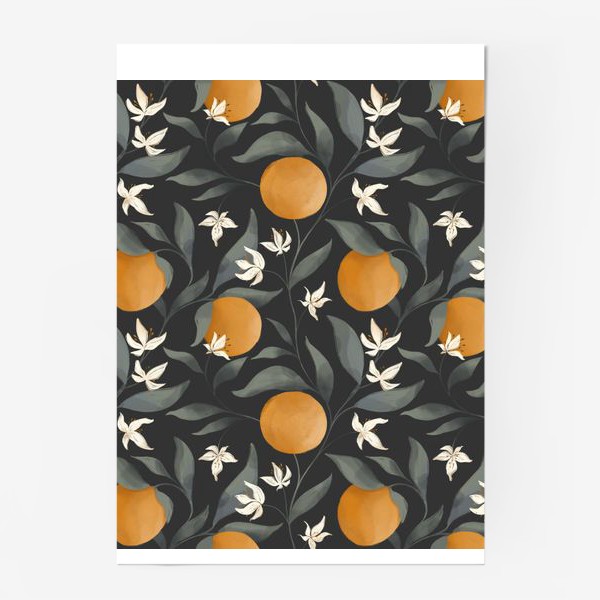 Постер &laquo;Фрукт апельсин на дереве. Цветы и листья. Ботанический паттерн на темном.&raquo;