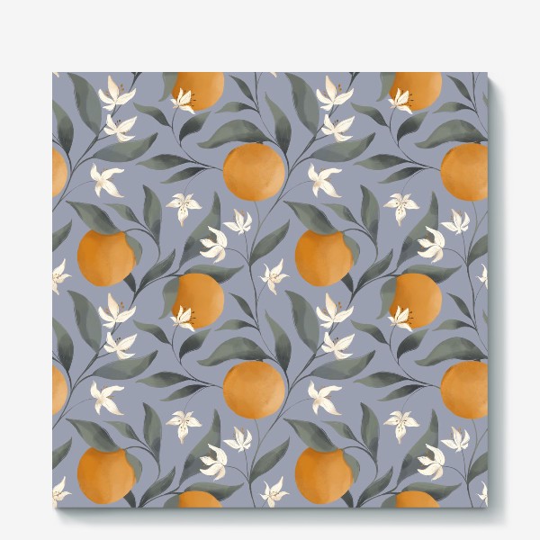 Холст &laquo;Фрукт апельсин на дереве. Цветы и листья. Ботанический паттерн на голубом.&raquo;