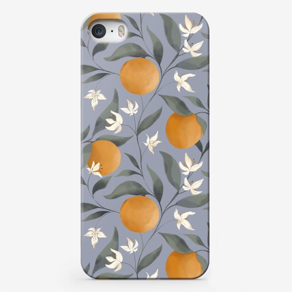 Чехол iPhone &laquo;Фрукт апельсин на дереве. Цветы и листья. Ботанический паттерн на голубом.&raquo;