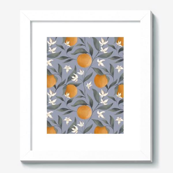 Картина «Фрукт апельсин на дереве. Цветы и листья. Ботанический паттерн на голубом.»