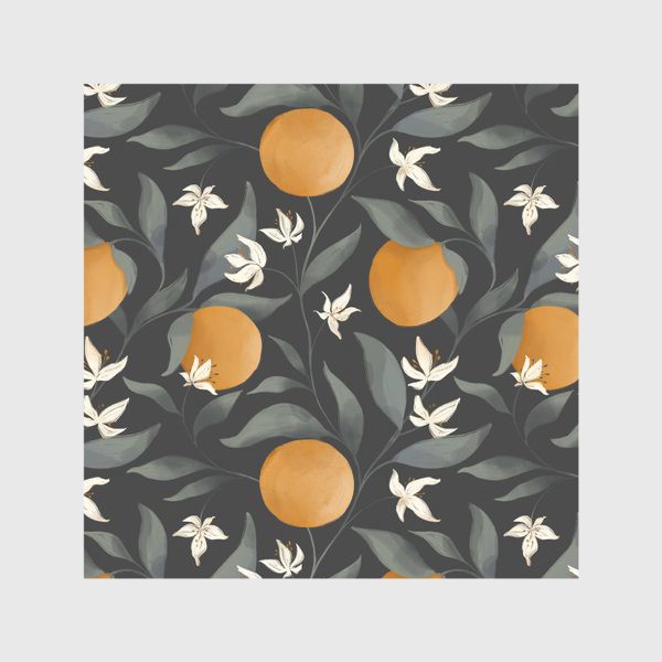 Скатерть &laquo;Фрукт апельсин на дереве. Цветы и листья. Ботанический паттерн на темном.&raquo;