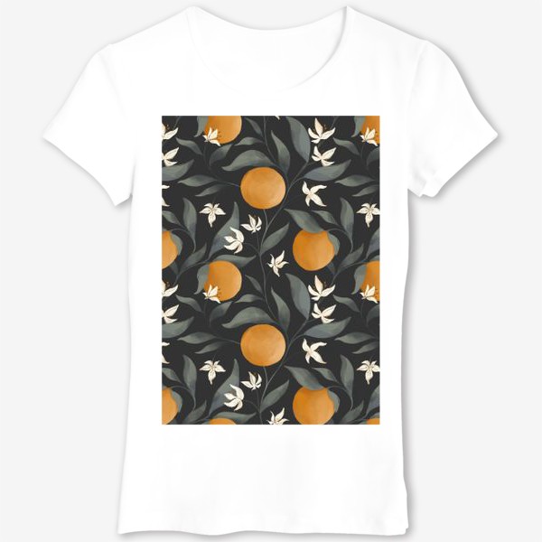 Футболка &laquo;Фрукт апельсин на дереве. Цветы и листья. Ботанический паттерн на темном.&raquo;