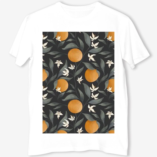 Футболка «Фрукт апельсин на дереве. Цветы и листья. Ботанический паттерн на темном.»