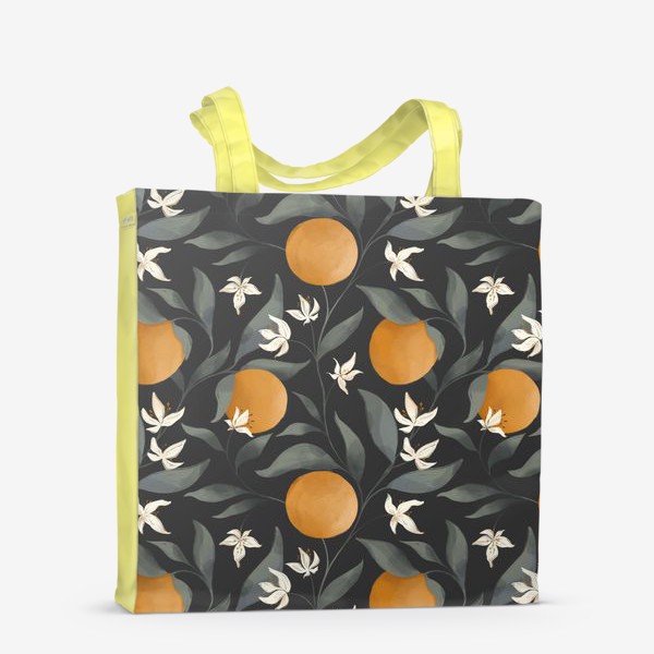Сумка-шоппер &laquo;Фрукт апельсин на дереве. Цветы и листья. Ботанический паттерн на темном.&raquo;