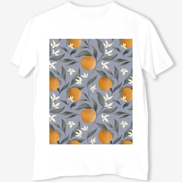 Футболка «Фрукт апельсин на дереве. Цветы и листья. Ботанический паттерн на голубом.»
