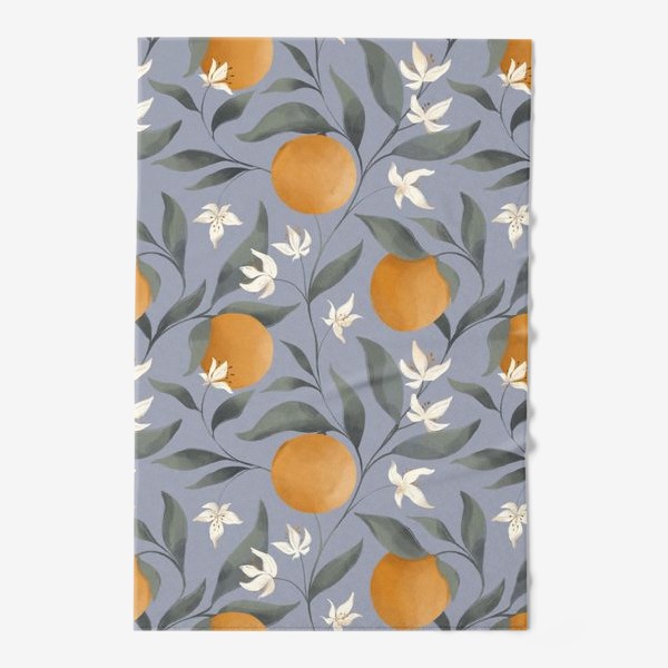 Полотенце &laquo;Фрукт апельсин на дереве. Цветы и листья. Ботанический паттерн на голубом.&raquo;