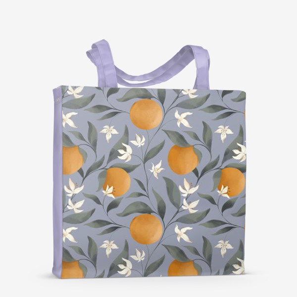 Сумка-шоппер &laquo;Фрукт апельсин на дереве. Цветы и листья. Ботанический паттерн на голубом.&raquo;
