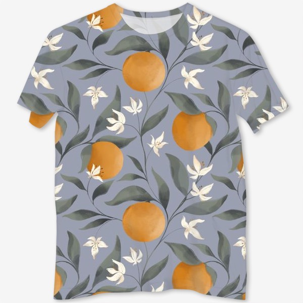 Футболка с полной запечаткой «Фрукт апельсин на дереве. Цветы и листья. Ботанический паттерн на голубом.»
