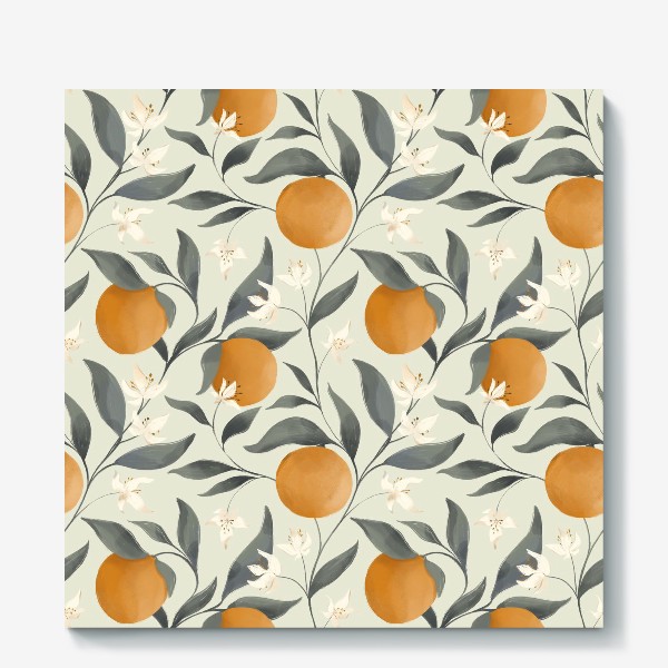 Холст &laquo;Фрукт апельсин на дереве. Цветы и листья. Ботанический паттерн на светлом&raquo;