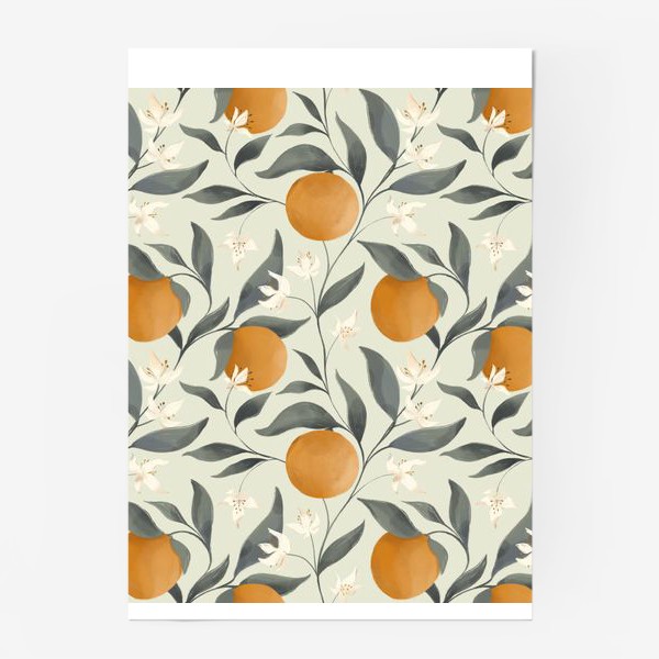 Постер &laquo;Фрукт апельсин на дереве. Цветы и листья. Ботанический паттерн на светлом&raquo;