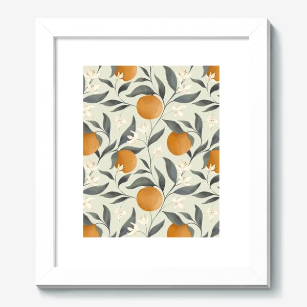 Картина «Фрукт апельсин на дереве. Цветы и листья. Ботанический паттерн на светлом»
