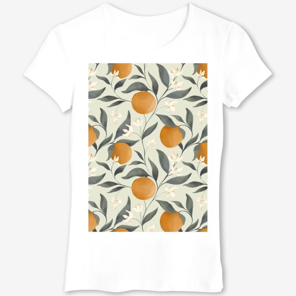 Футболка &laquo;Фрукт апельсин на дереве. Цветы и листья. Ботанический паттерн на светлом&raquo;