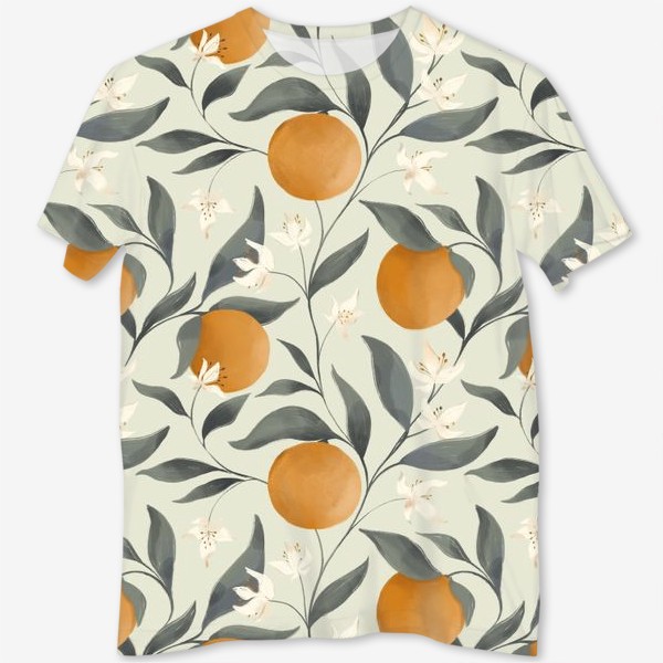 Футболка с полной запечаткой &laquo;Фрукт апельсин на дереве. Цветы и листья. Ботанический паттерн на светлом&raquo;