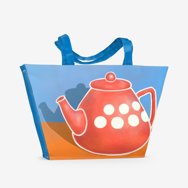 Пляжная сумка &laquo;Красный чайник на голубом и оранжевом фоне &raquo;