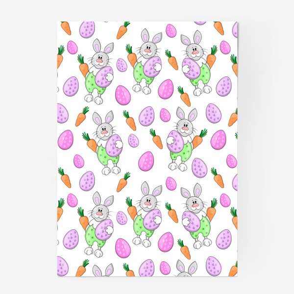 Постер &laquo;Милый кролик с пасхальным яйцом и морковкой.Пасхальный паттерн.&raquo;