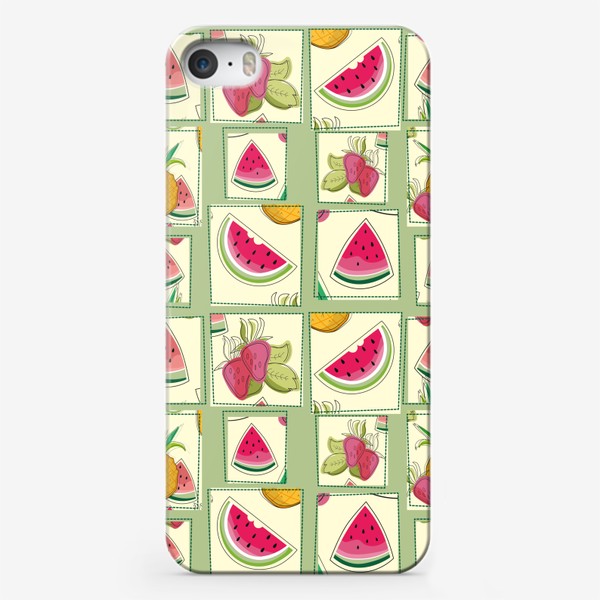 Чехол iPhone «Ананас,арбуз,клубника и дольки арбуза.Летний паттерн с фруктами.»